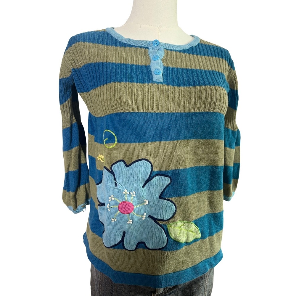 Kids‎ Blue Khaki Striped Flower Applique Sweater Top Long Sleeve Henley